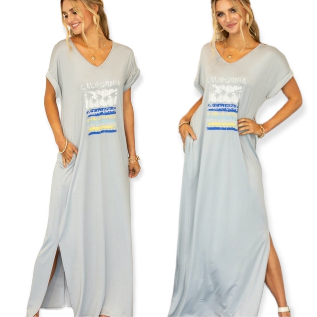 New Light Gray Maxi Dress Or Teeshirt Dress “California Ocean Surfing”